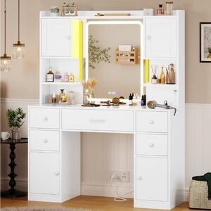 White Vanity Desk with Mirror and Storage